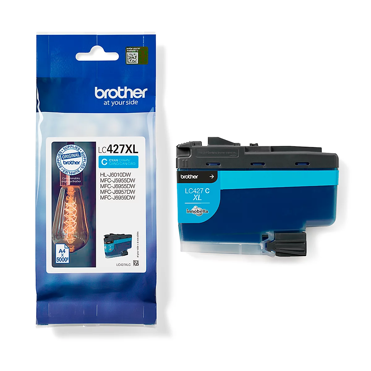 Blue and turquoise printer cartridge next to packaging. "brother" and "LC427XL" are written on the packaging. "LC427 C XL" is written on the cartridge.