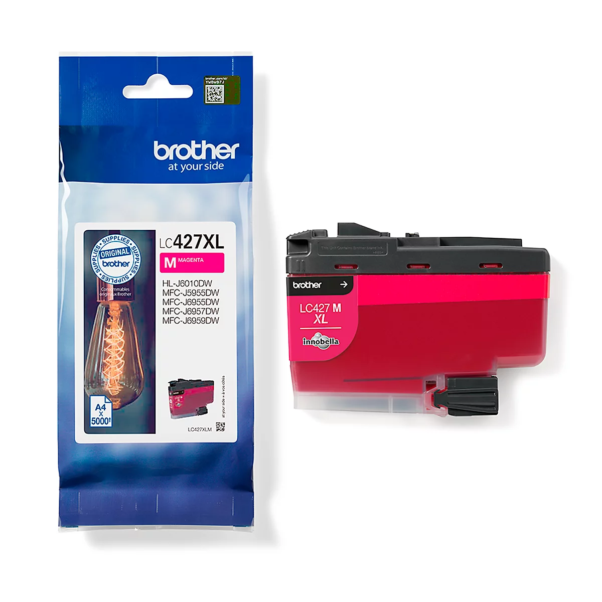 A magenta ink cartridge and packaging labeled 'Brother' and 'LC427XL'.
