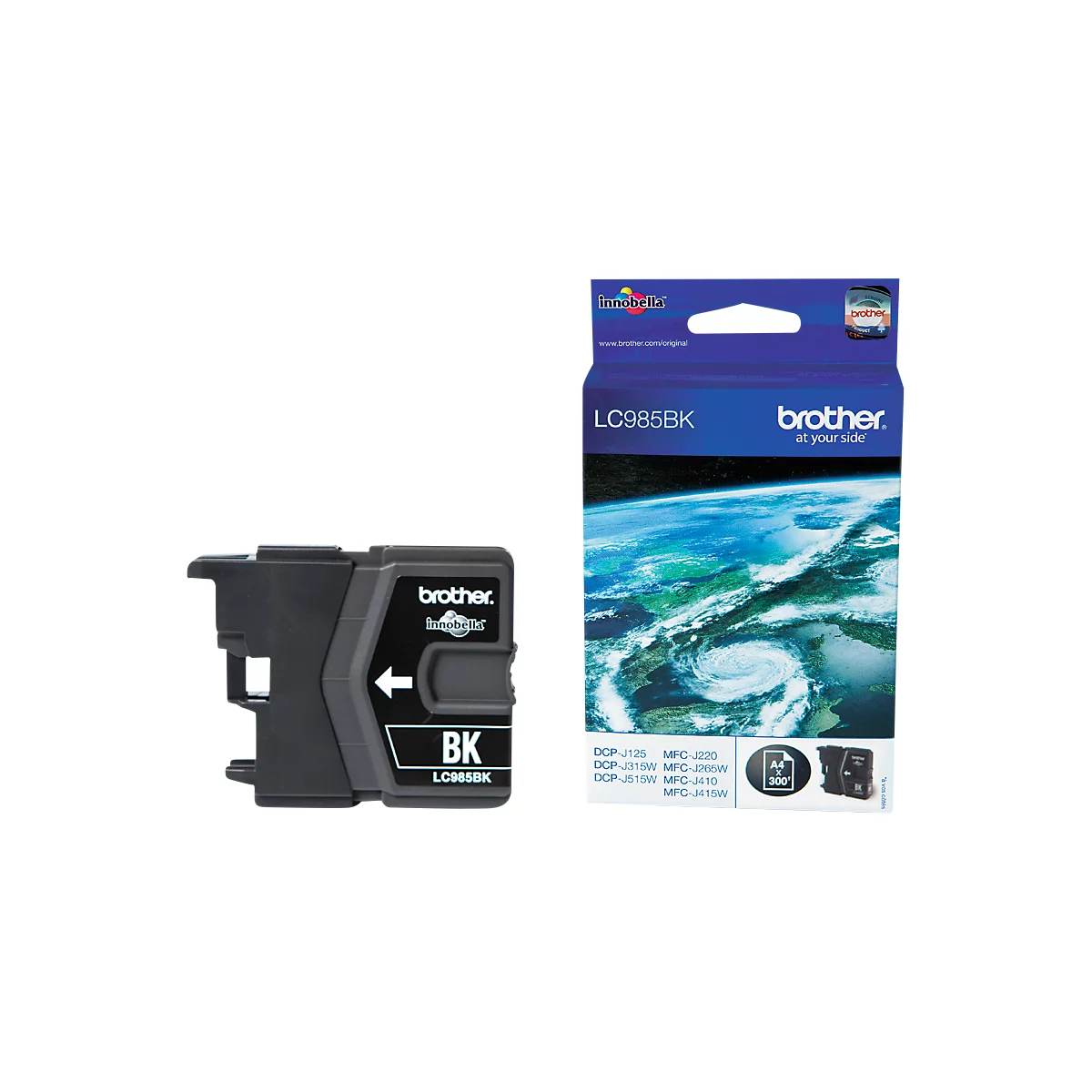 Black ink cartridge and packaging by Brother. The cartridge is labeled LC985BK, the packaging shows a globe.