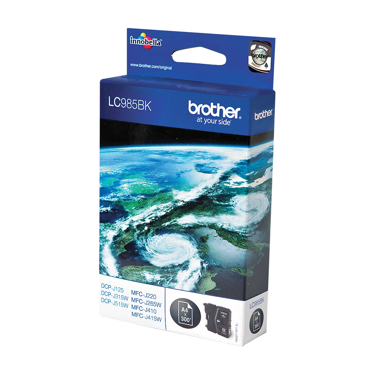 Blue and white ink cartridge, with logos and text. Below is an image of the earth.