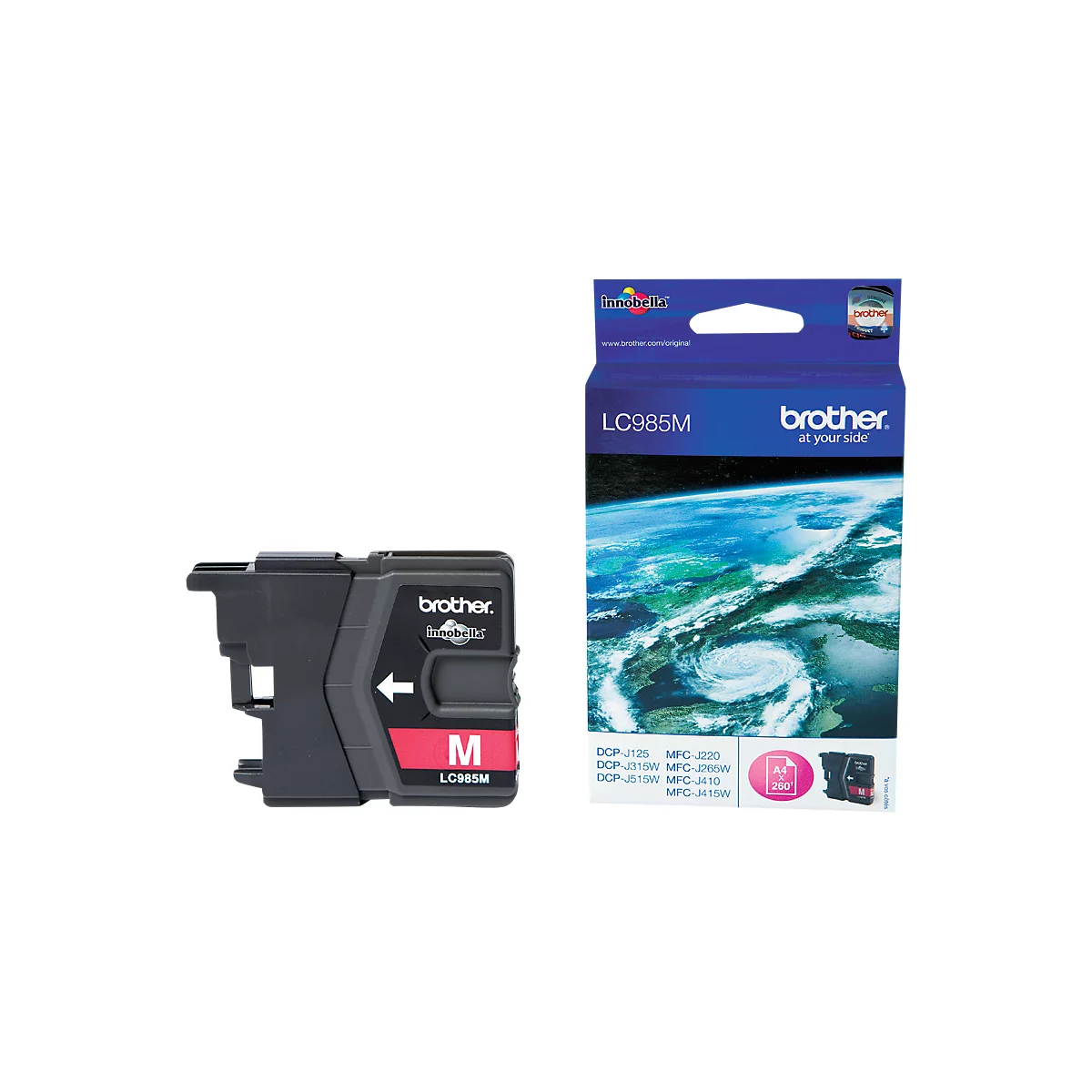 A Brother ink cartridge labeled LC985M and its packaging. Relevant model numbers are printed on it.