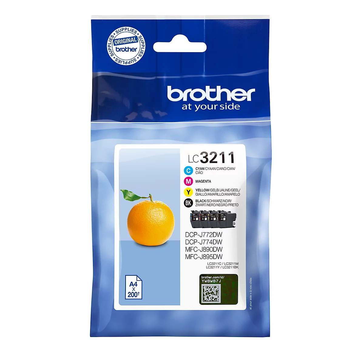 Brother LC3211 ink cartridge in blister packaging, orange with leaf. Text: Cyan, Magenta, Yellow, Black, A4/200. Brother logo.