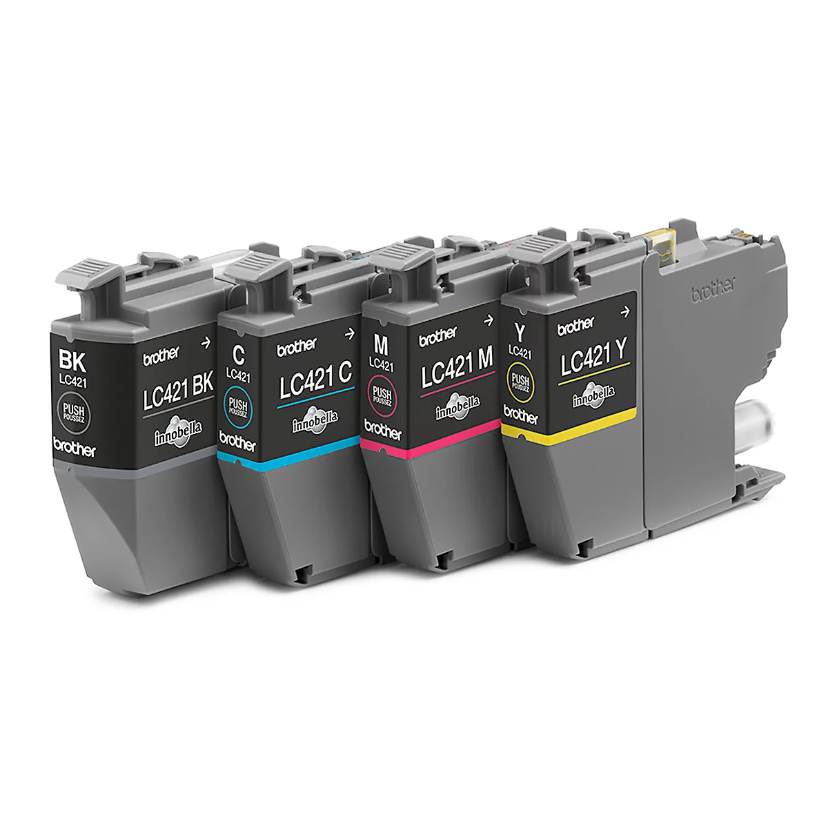 Four Brother printer cartridges in black, cyan, magenta, and yellow, arranged side by side.