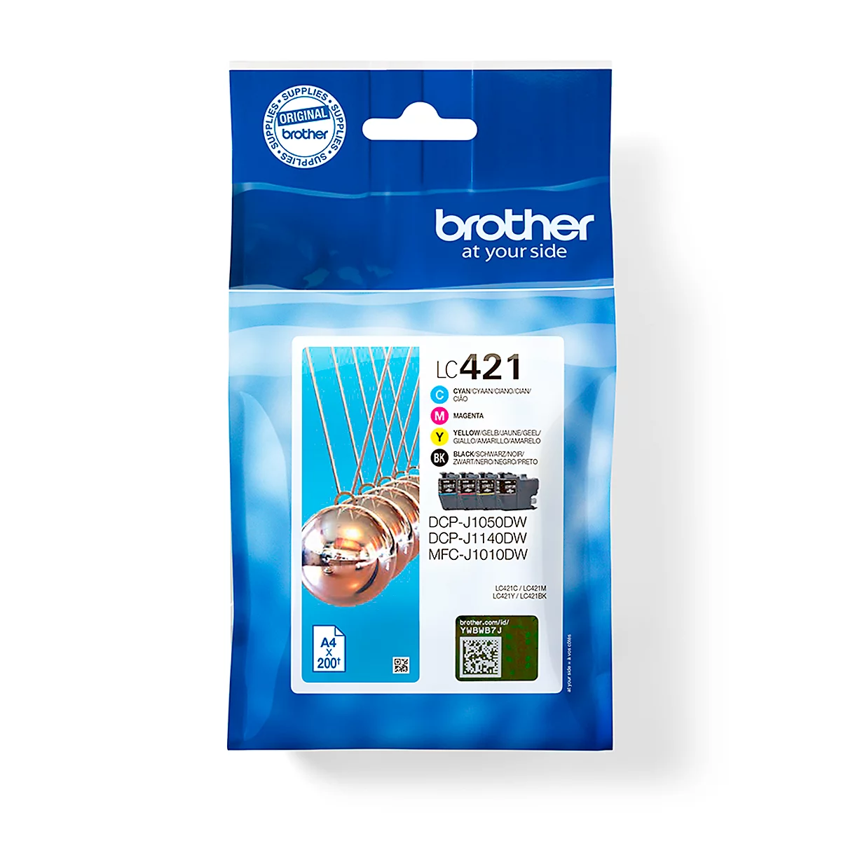 Brother LC421 ink cartridge in blue packaging, with colors and ink cartridges for printers. With the print 'Brother at your side'.