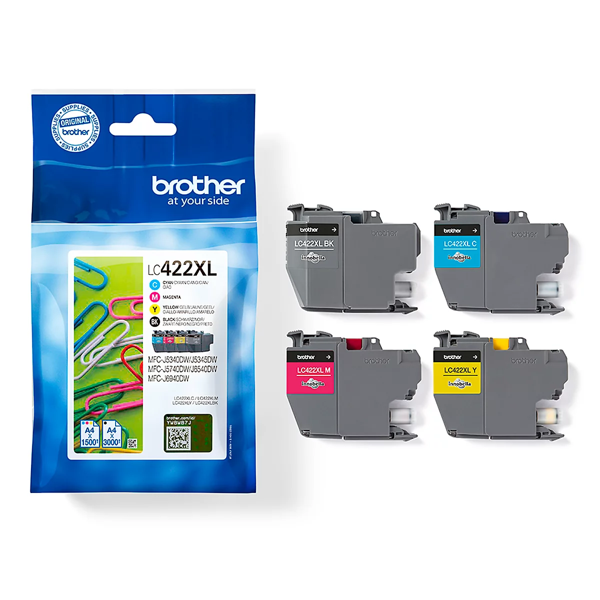 Brother ink cartridge set with packaging and four colored ink cartridges.