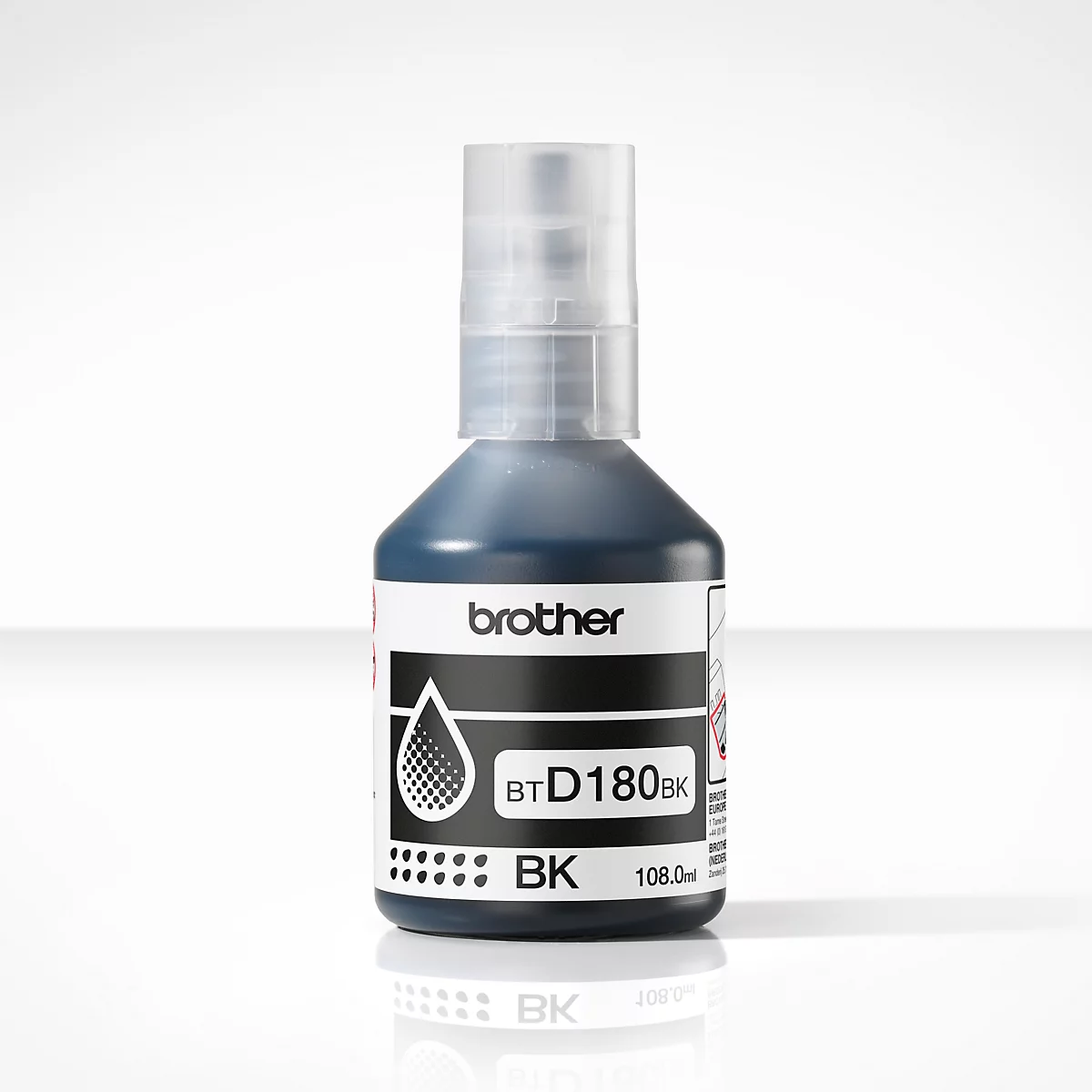 Schwarze Tinte-Flasche der Marke Brother. Auf dem Etikett steht BT D180BK, Tropfensymbol.