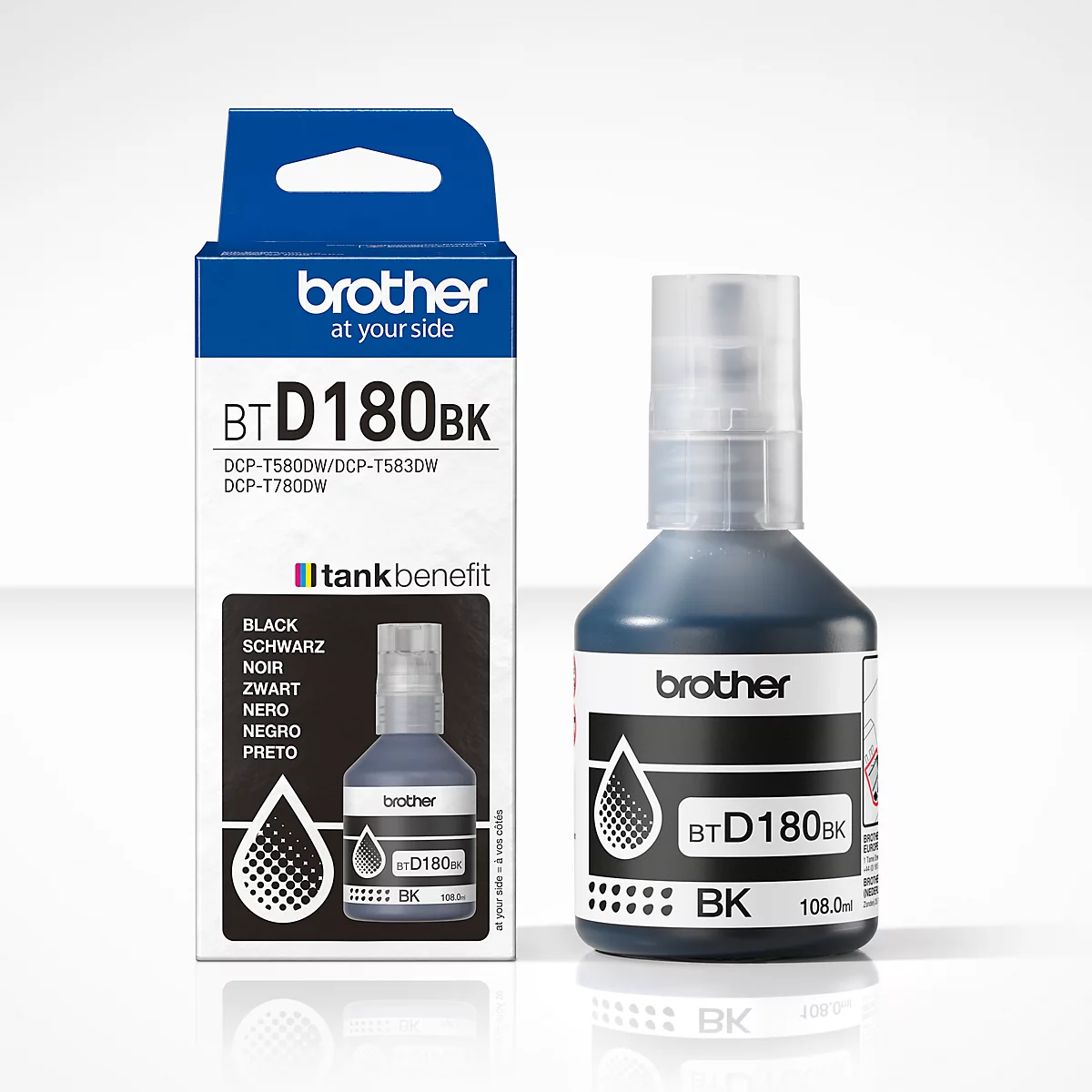 Tintenflasche und Karton für Brother BTD180BK. Aufschrift: "BTD180BK".