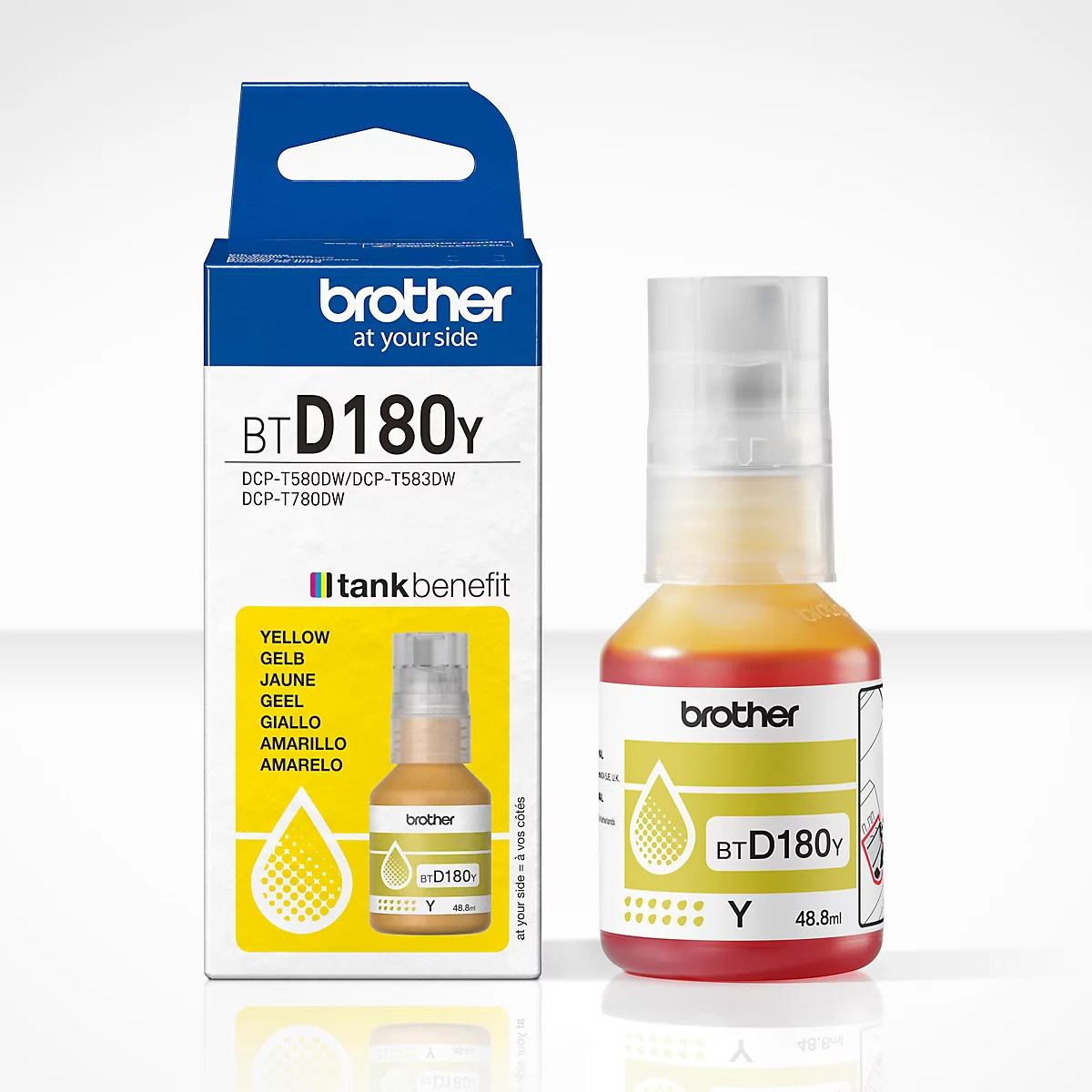 Gelbe Tintenflasche und -verpackung von Brother; Produktname und Angaben sind aufgedruckt.