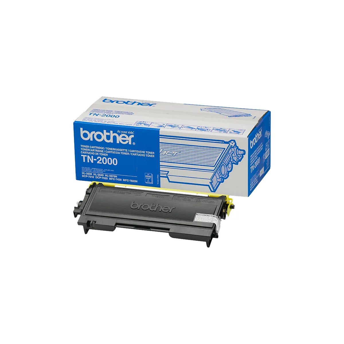 A black Brother TN-2000 toner and its packaging. The packaging reads "Brother" and "TN-2000".