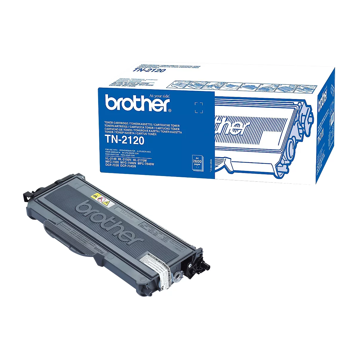 A Brother toner cartridge and packaging against a white background. Printed: TN-2120.