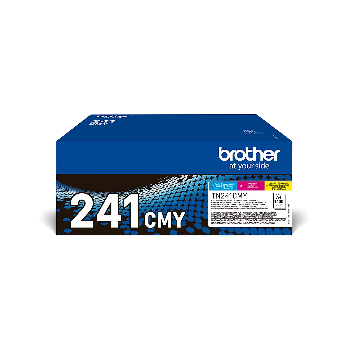 Blue box for Brother printer cartridges. Inscription: 241 CMY, TN241CMY.
