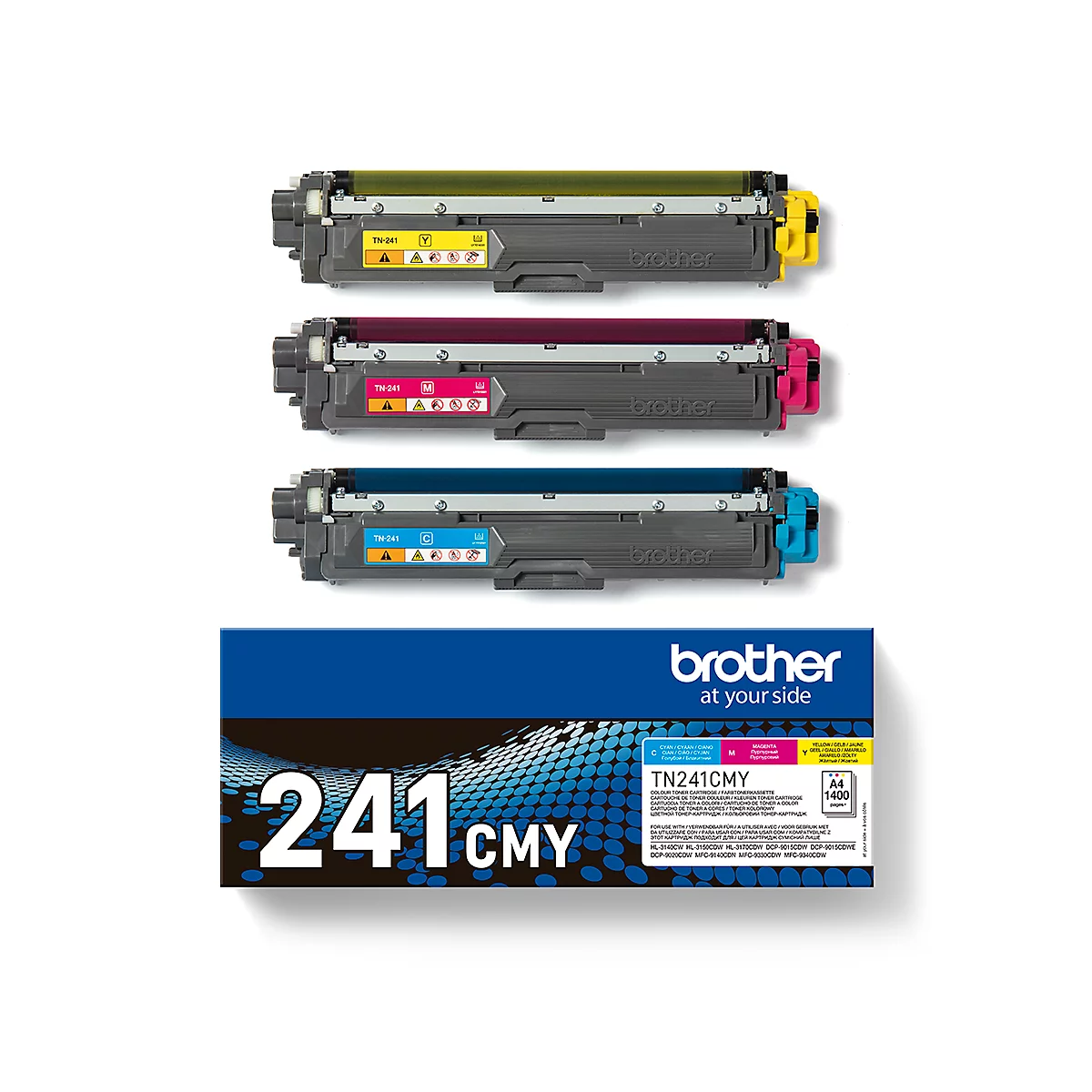 Three toner cartridges in yellow, magenta and cyan, and a blue Brother package with the inscription CMY 241.