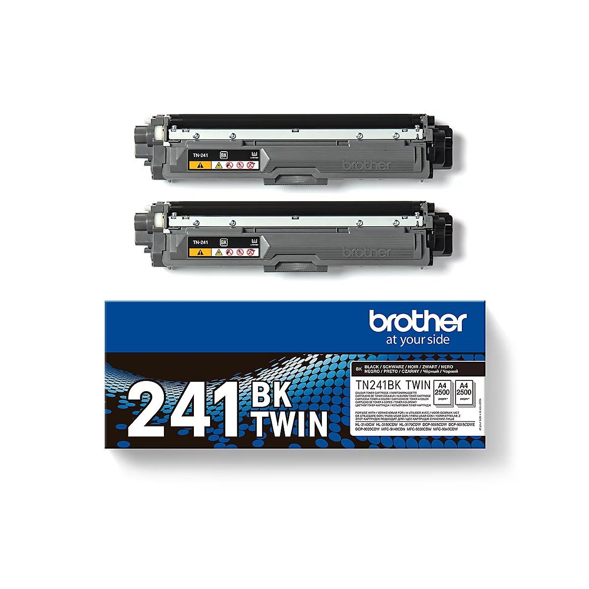 Two black toner cartridges and a blue product box. The box says '241 BK TWIN' and 'brother'.