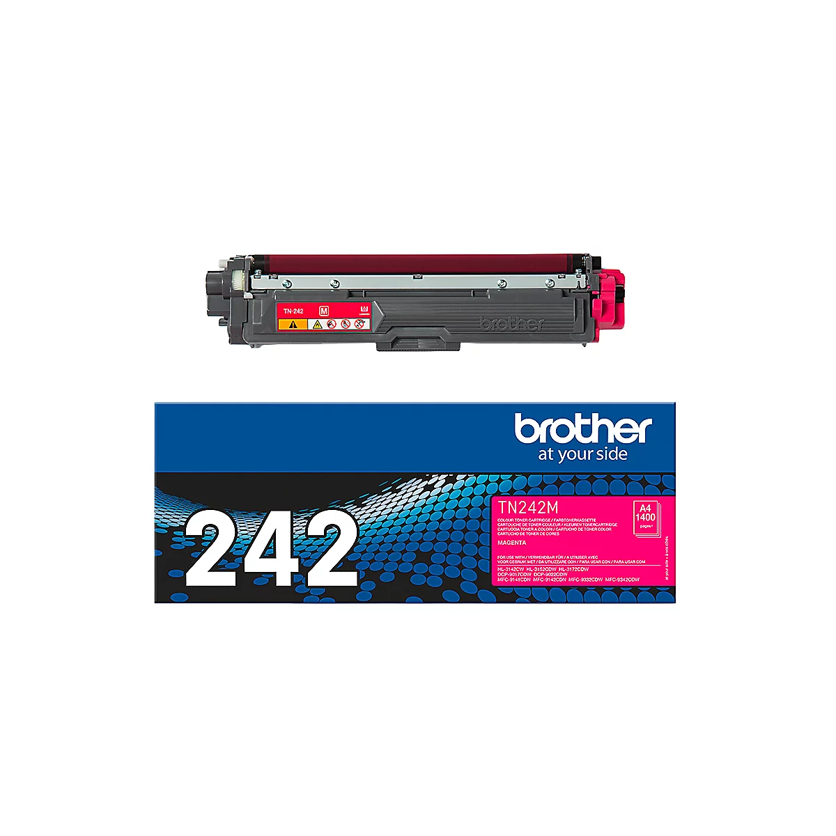 Brother Toner TN242M Magenta über seiner blauen Produktverpackung mit Logo und Beschriftung.