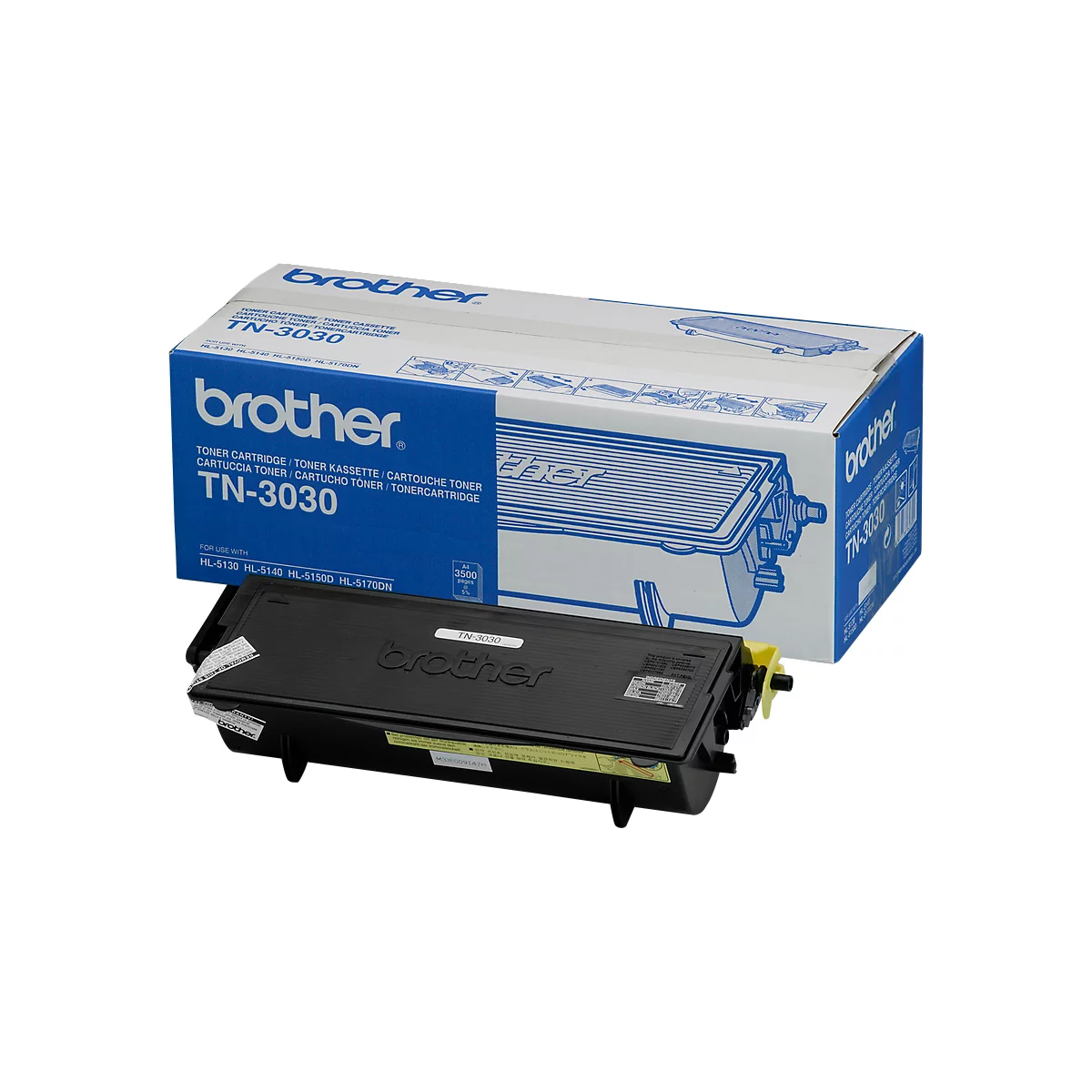 Black Brother toner cartridge TN-3030 in front of the packaging with blue logo. Inscription: TONER CARTRIDGE.