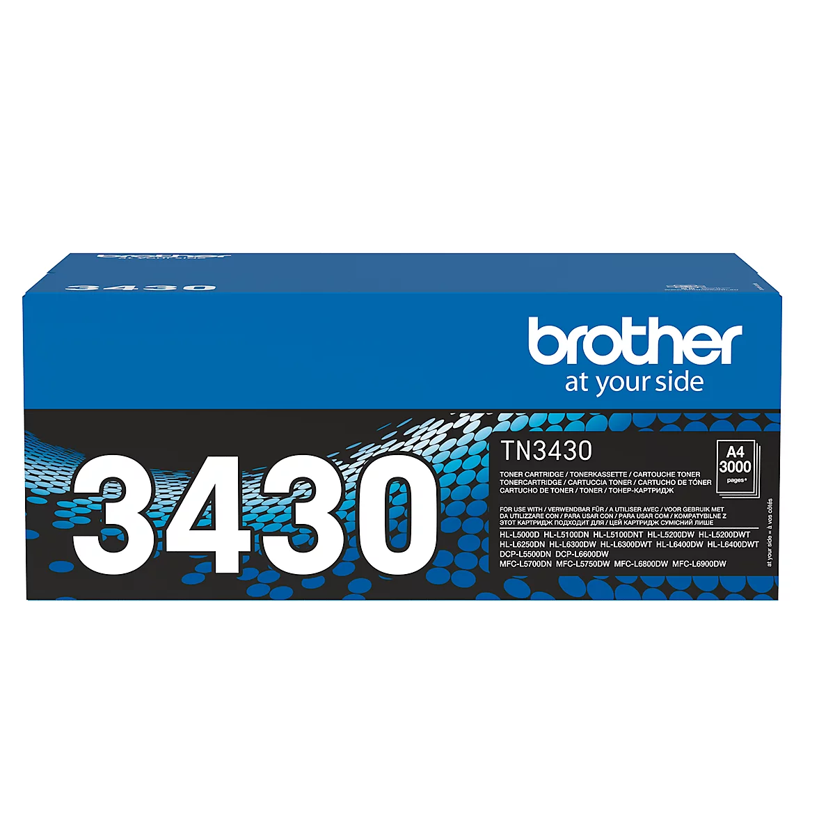 Blue Brother toner. Inscription: TN3430, 3430 in white letters on a black background. Brother logo.