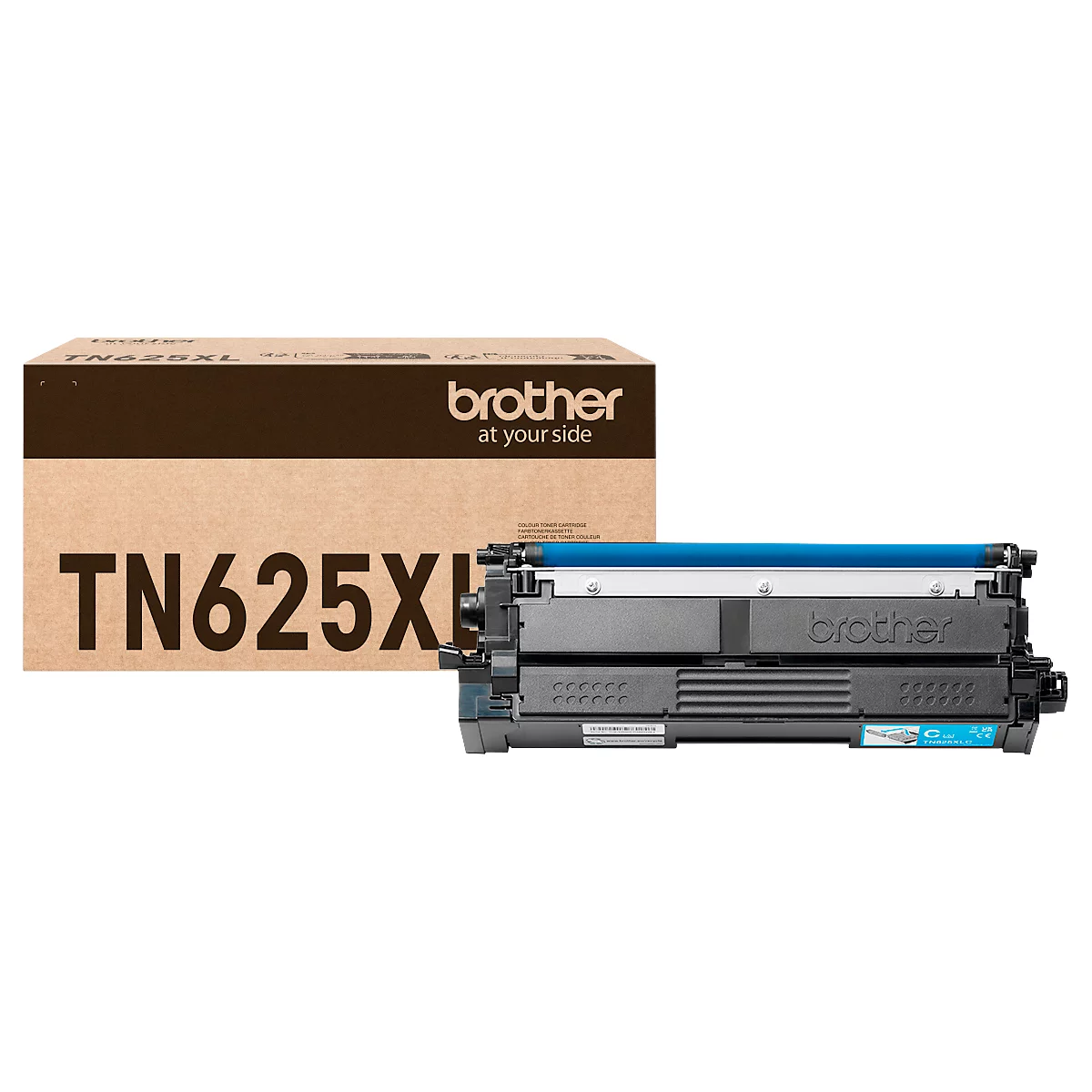 Brother Tonerkartusche TN625XL vor der braunen Originalverpackung.