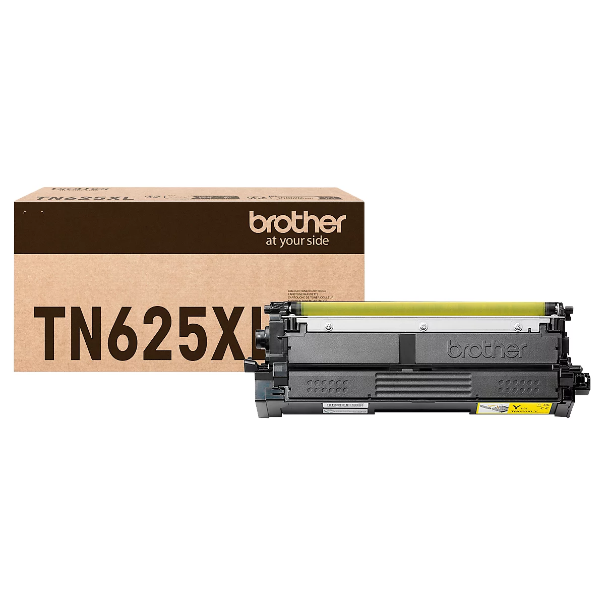 Schwarze Tonerkartusche Brother TN625XL vor der zugehörigen beigefarbenen Verpackung.