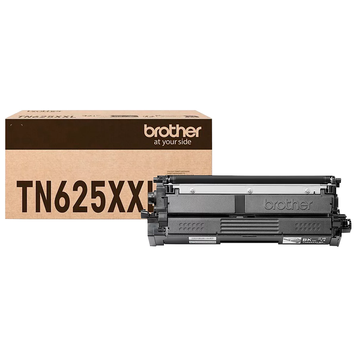 Schwarze Brother Tonerkartusche TN625XXL vor der zugehörigen braunen Produktverpackung.