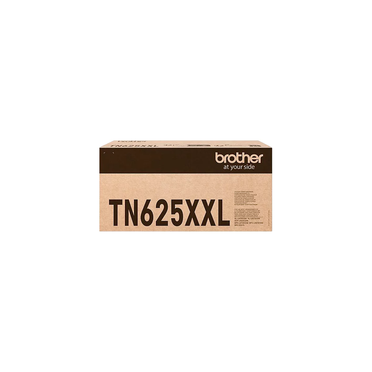 Brauner Pappkarton für Brother TN625XXL Toner mit schwarzer Beschriftung.