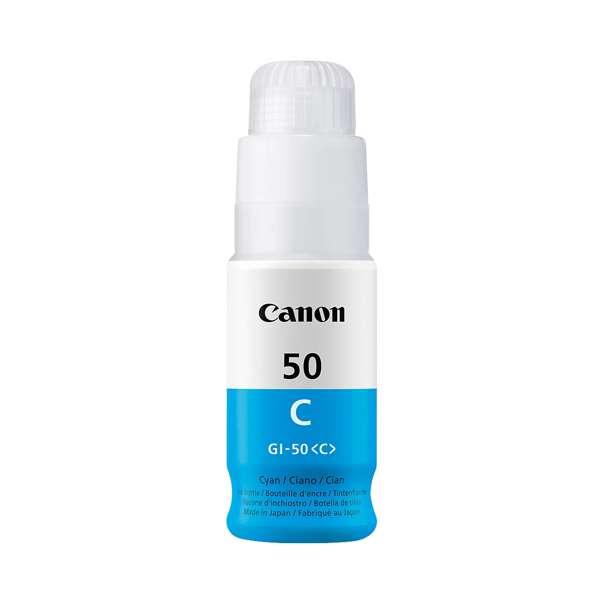 A white ink bottle with the black Canon logo and the inscription 50 C GI-50. The lower part is light blue.