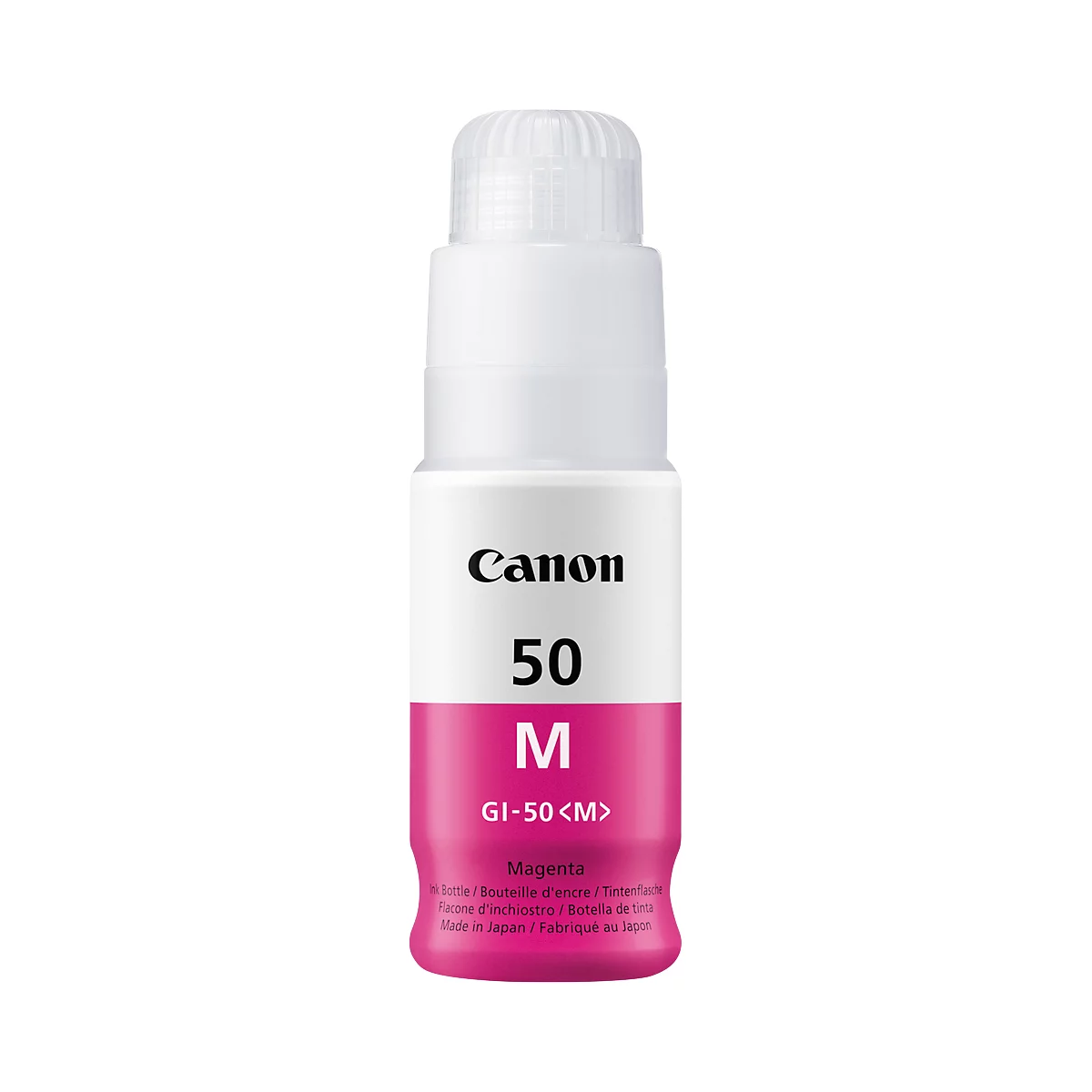 A magenta Canon ink bottle. White screw cap at the top, below a white label with black lettering and ink information.