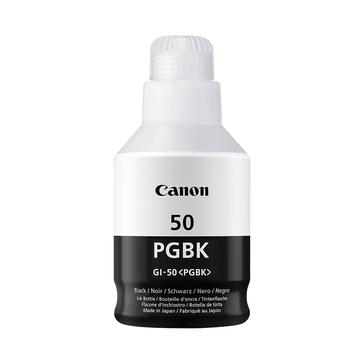 Canon ink bottle with the text '50 PGBK'. The bottle is black and white.