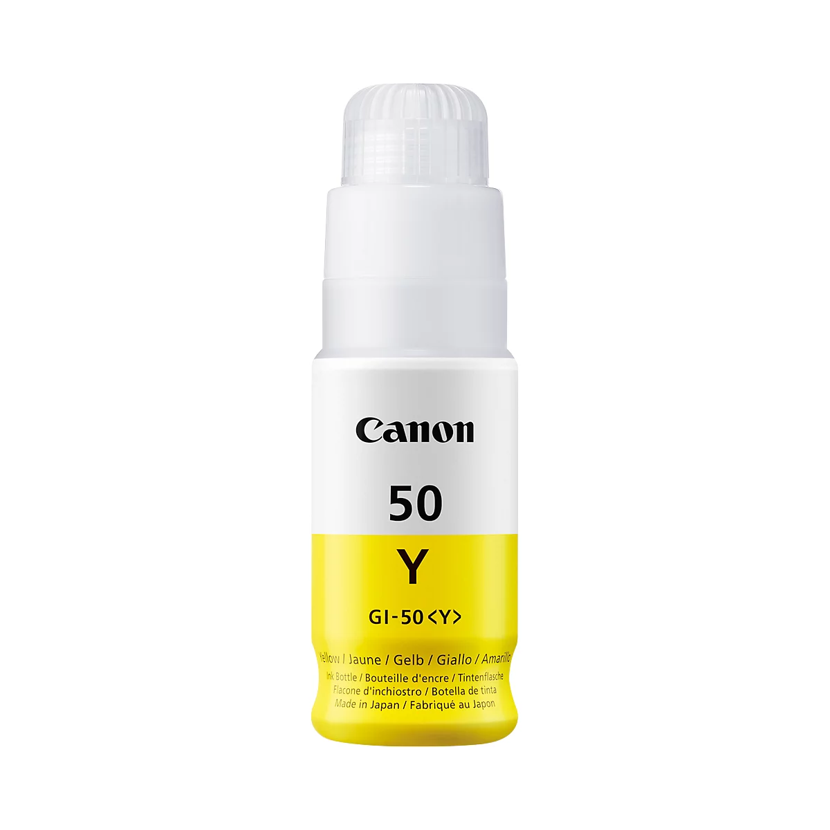 Yellow Canon ink bottle, labelled: Canon, 50, Y, GI-50 <Y>.