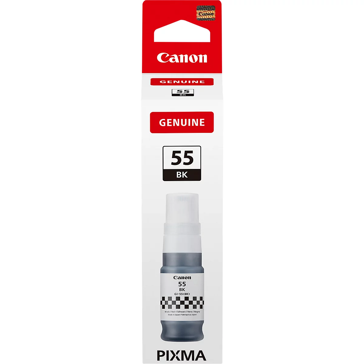 A Canon ink cartridge. The packaging says "GENUINE 55 BK."