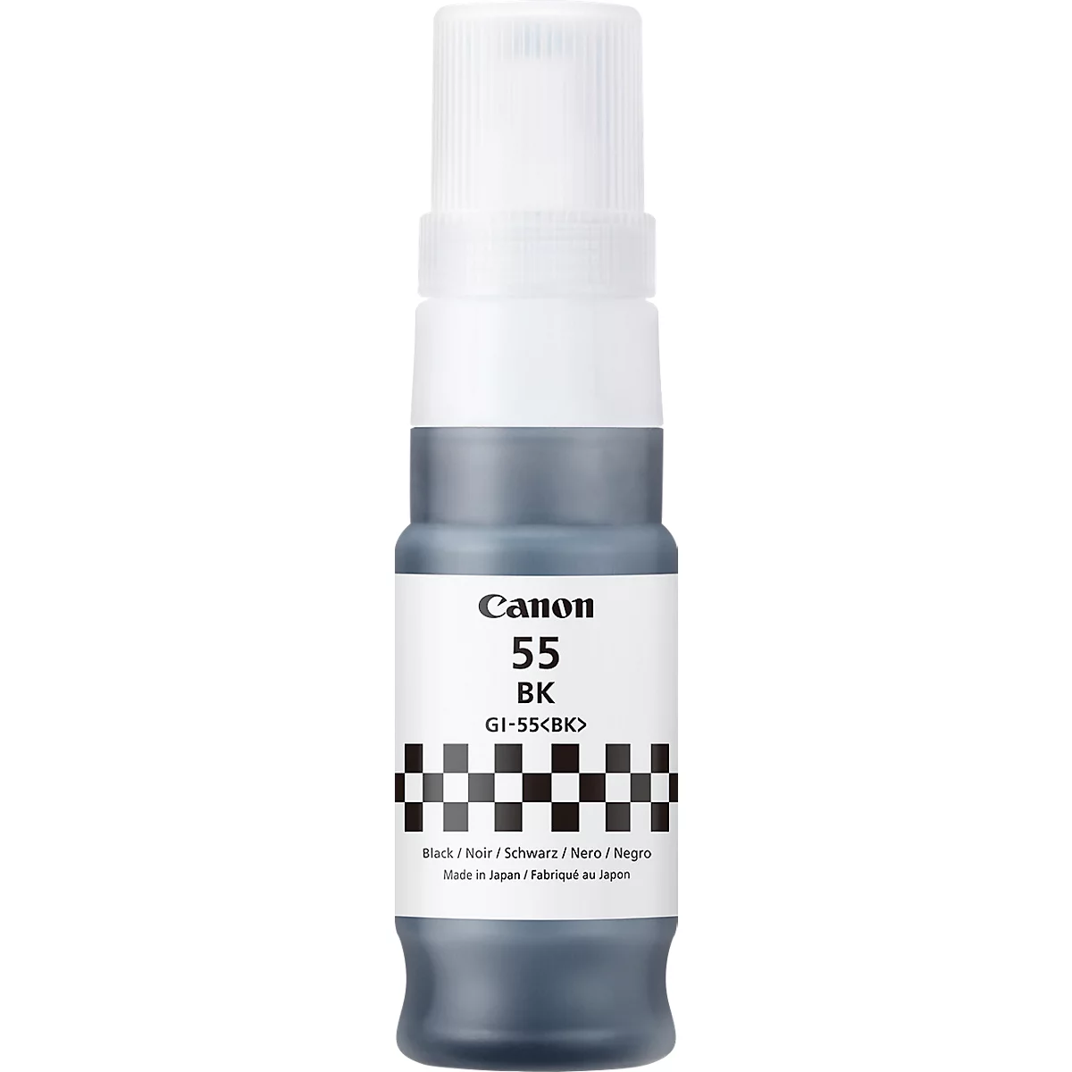 A Canon ink bottle, black. With product name and checkerboard pattern.