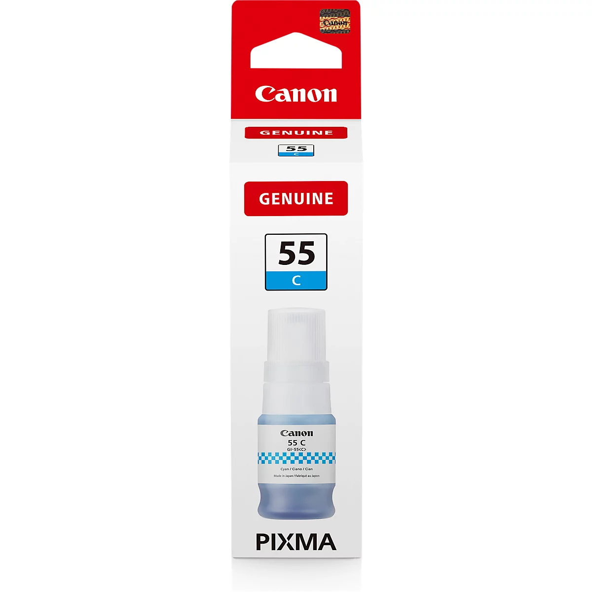 Blue ink bottle with the text 'Canon 55 C'. 'Genuine' is written on a red background.