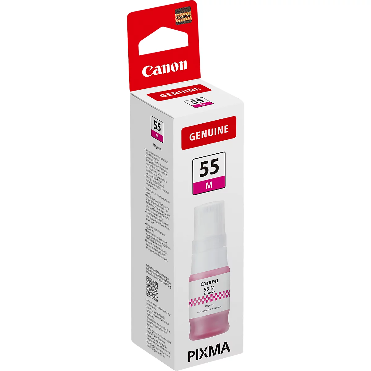 Ink cartridge in white box with red Canon marking. Text: 55 M Genuine. Pink ink bottle below.