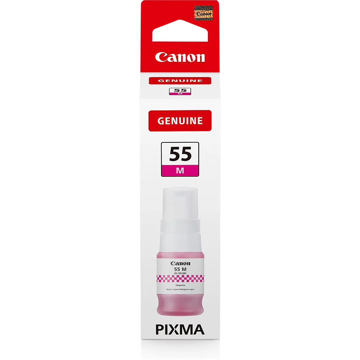 Canon magenta ink bottle. Inscription: "55 M" and "PIXMA".
