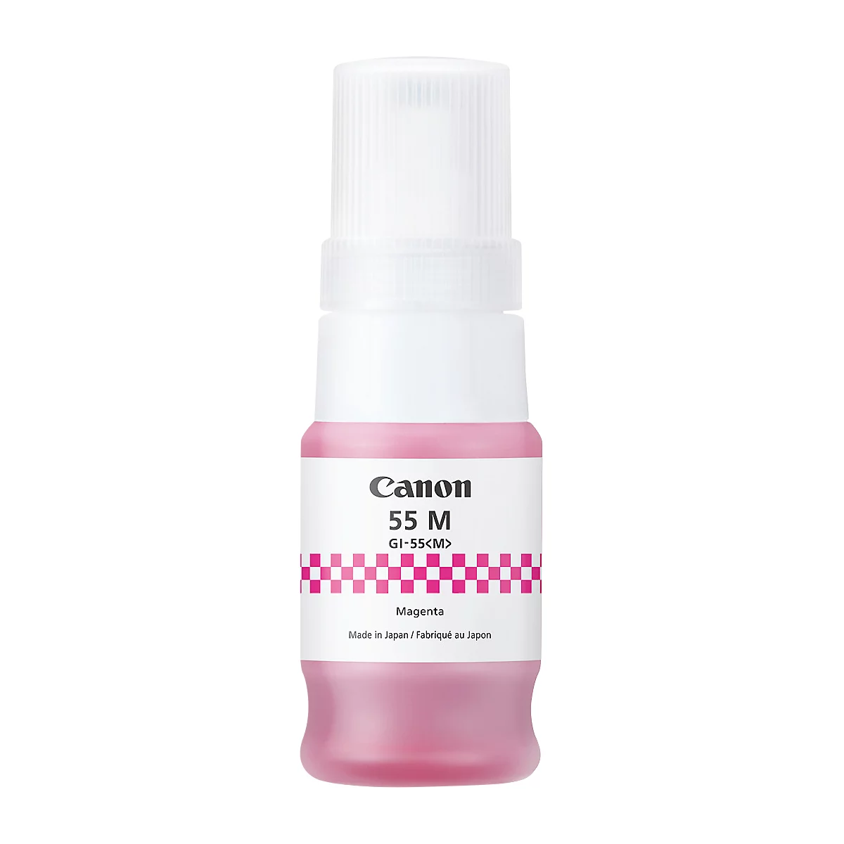 A Canon ink bottle, filled with magenta ink. Inscription: Canon 55 M, GI-55<M>, Magenta, Made in Japan.