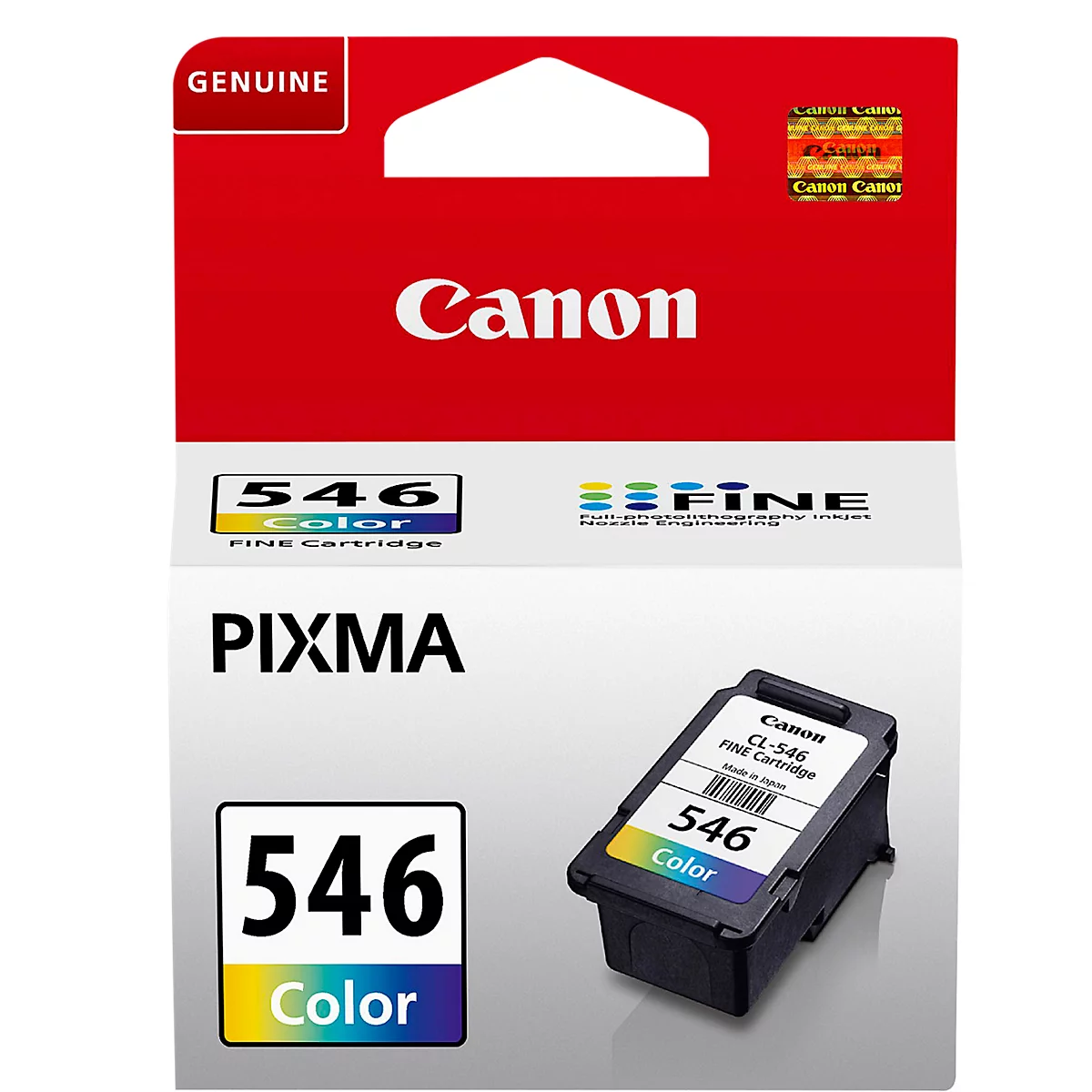 Canon CL-546 ink cartridge in its packaging with label. The cartridge is black. Canon, Pixma, 546 Color are on the packaging.