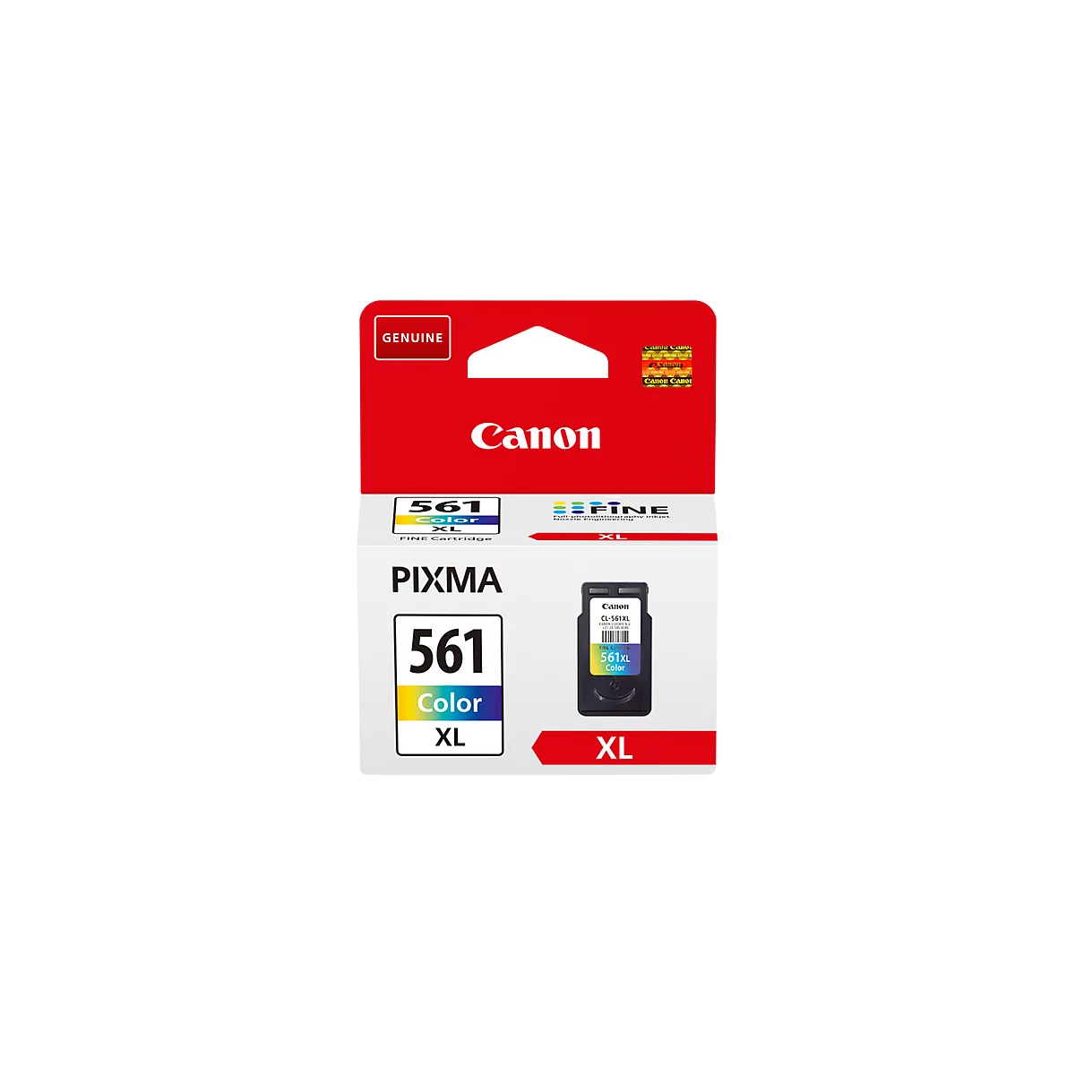 Canon ink cartridge in red packaging. '561 Color XL' printed. Black cartridge visible.