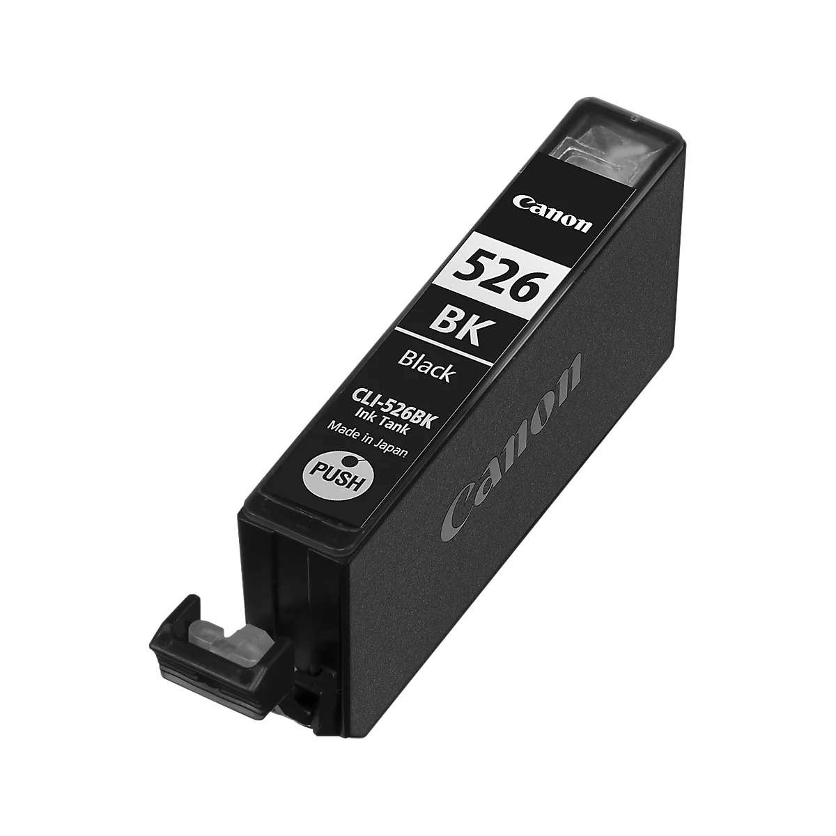 Black Canon ink cartridge, with the markings 526 BK, CLI-526BK, Black and "PUSH".