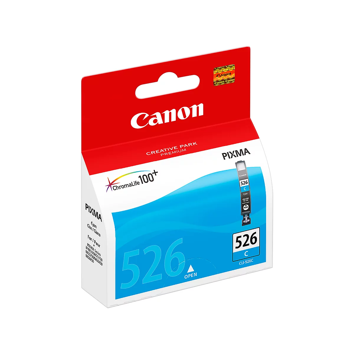 Canon Pixma 526 C ink cartridge, blue and white design, product packaging. Inscription "526", "C" and "ChromaLife 100+".