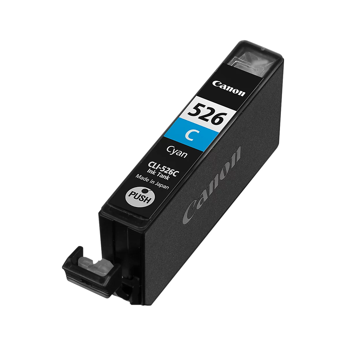 Black Canon ink cartridge labeled "526 C Cyan." The word "PUSH" and the Canon logo are visible.