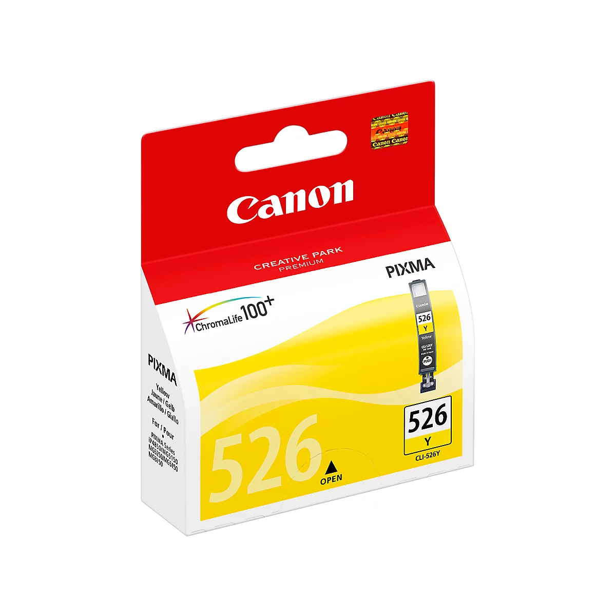 A yellow Canon ink cartridge, model 526, with red and yellow packaging.