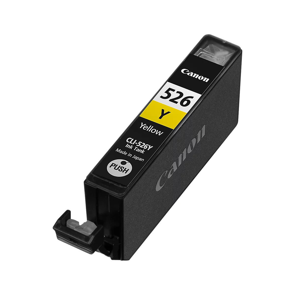 Black Canon ink cartridge. Inscription: 526 Y, Yellow, CLI-526Y, Made in Japan, Push.