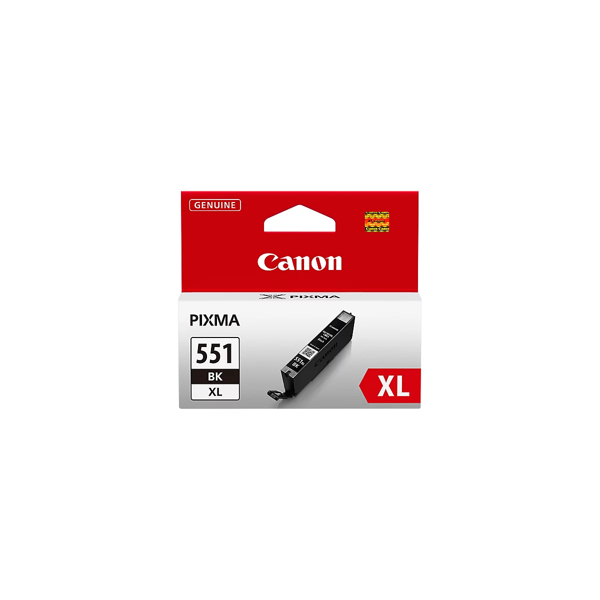 Black Canon ink cartridge 551 BK XL. Inscription: PIXMA, GENUINE, Canon.