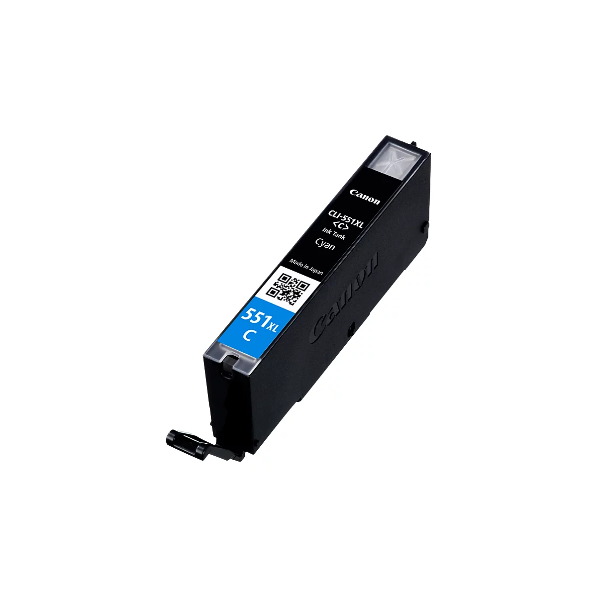 Black Canon ink cartridge, cyan ink tank. Text: CLI-551XL Cyan.