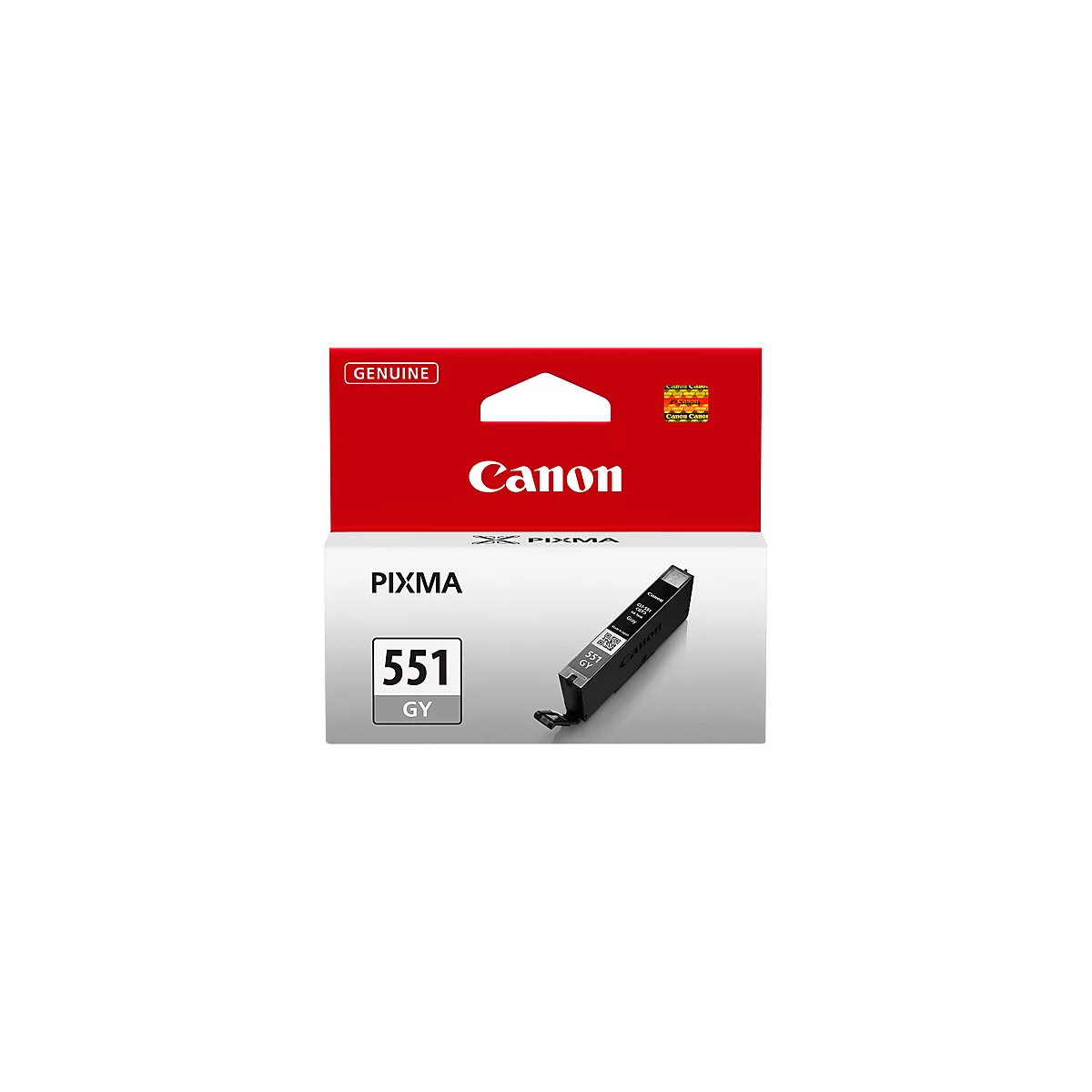 Canon ink cartridge in red and white box. In front of it is a grey ink cartridge.
