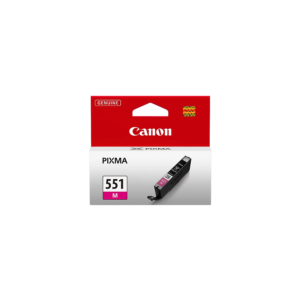 Canon ink cartridge 551 M. Black cartridge, pink print, in front of a red background with white "Canon" lettering.