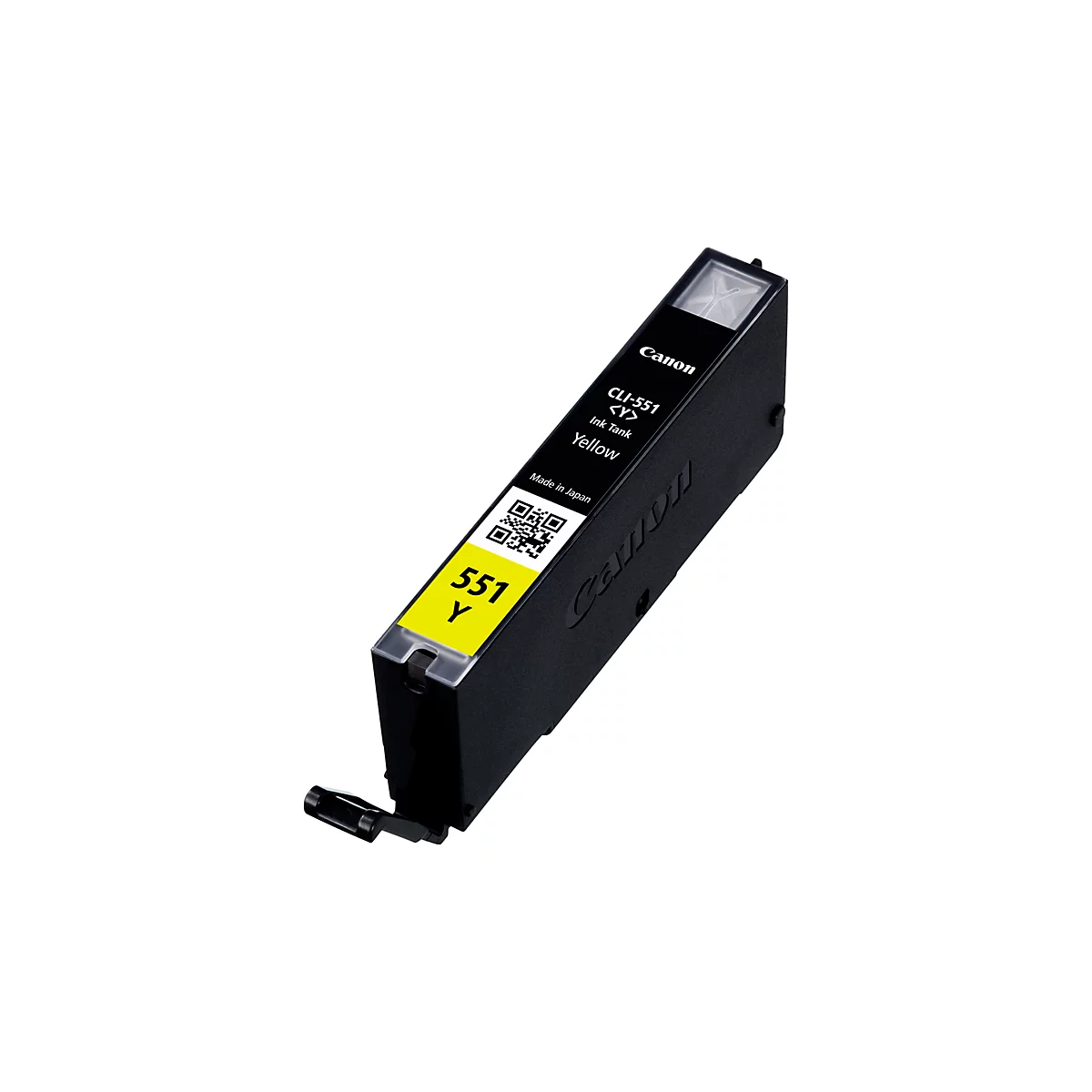Yellow Canon ink cartridge CLI-551 Y. Inscription: Ink Tank, Yellow, 551 Y, Made in Japan, Canon logo and QR code.