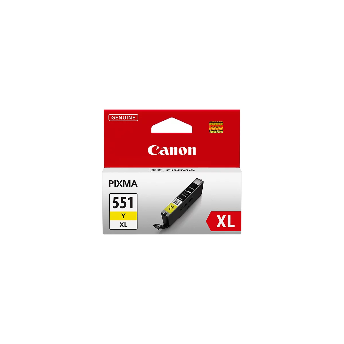 Yellow Canon ink cartridge 551 Y XL on red background. Printed inscriptions: Genuine, Canon, Pixma.
