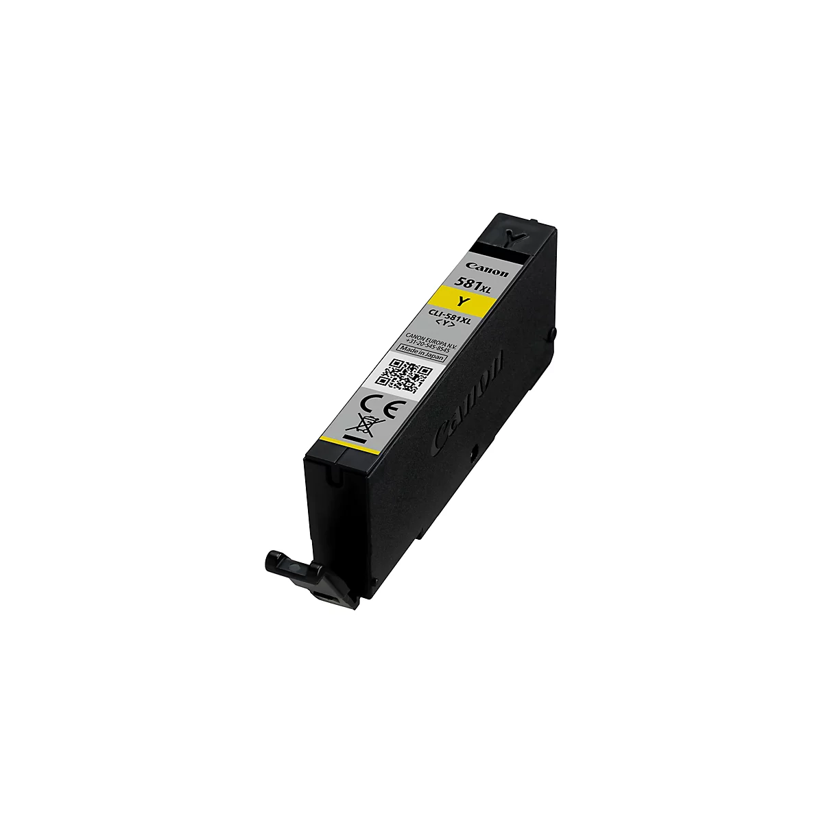 A yellow Canon ink cartridge 581Y, with a black housing, tilted on a white background.