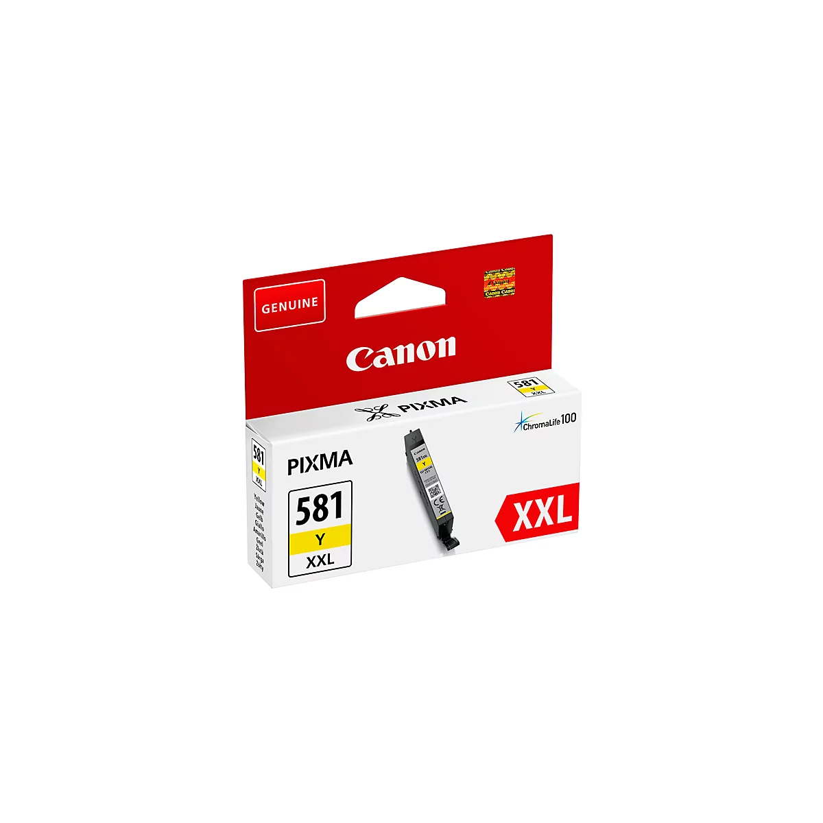 Yellow Canon ink cartridge with black housing. Printed: '581 Y XXL'. Red and white packaging with Canon logo.