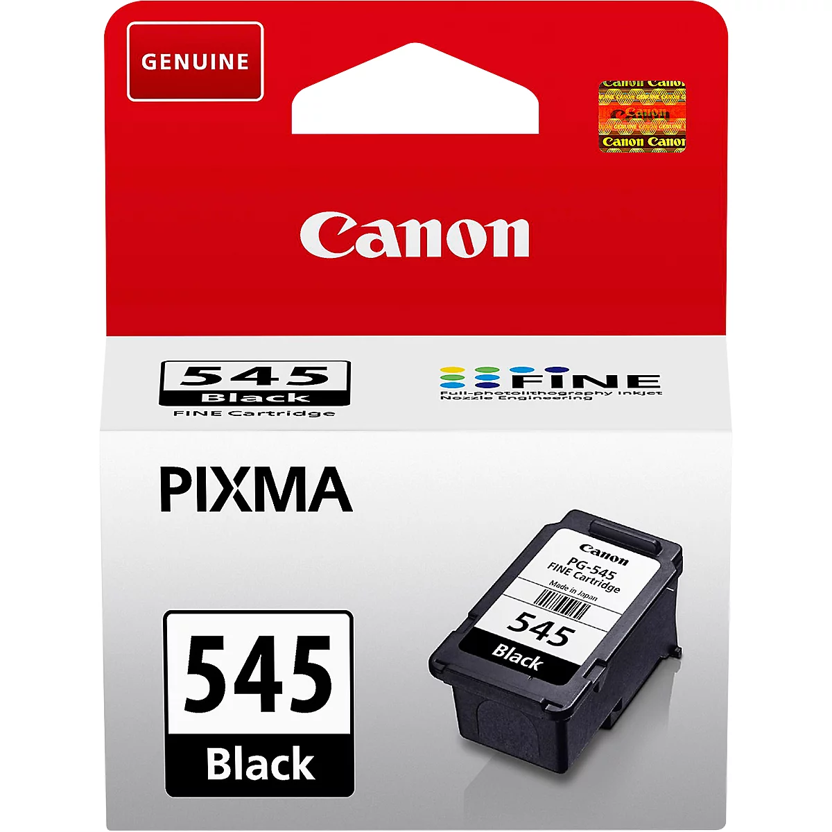 Black Canon PG-545 ink cartridge. The packaging says 'Canon', '545 Black' and 'PIXMA'.